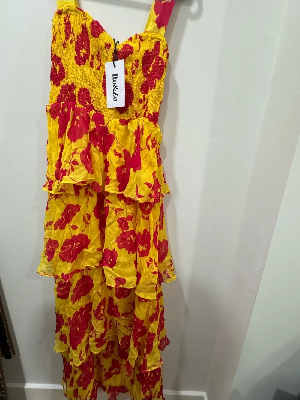 Ro&Zo Yellow+Cerise Floral Strappy Tiered Lined Chiffon Maxi Dress SZ 14UK 10US